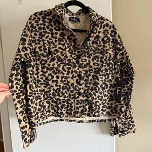 Lulus Fashionably Fierce Beige Leopard Print Denim Jean Jacket Size Small NWT